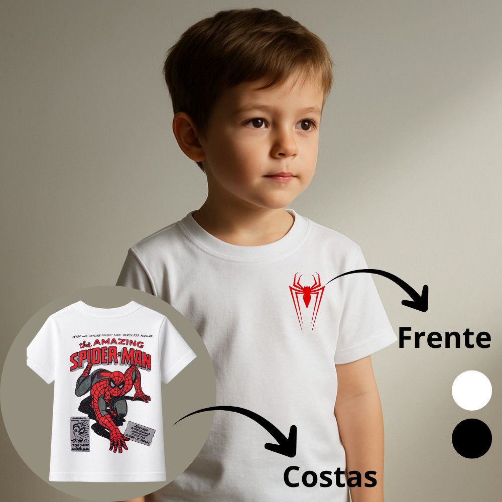 Camiseta Infantil Estampada Algodão The Amazing e Aranha Spider Qualidade Premium 2 ao 16 Preto e Branco