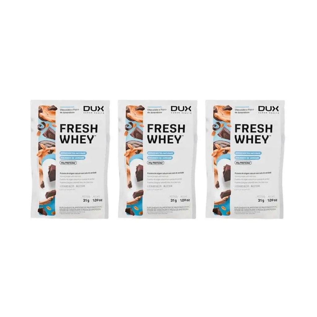 KIT 3 SACHE WHEY PROTEIN 20G PROTEINA FRESH CHOCOLATE E PASTA DE AMENDOIM DUX