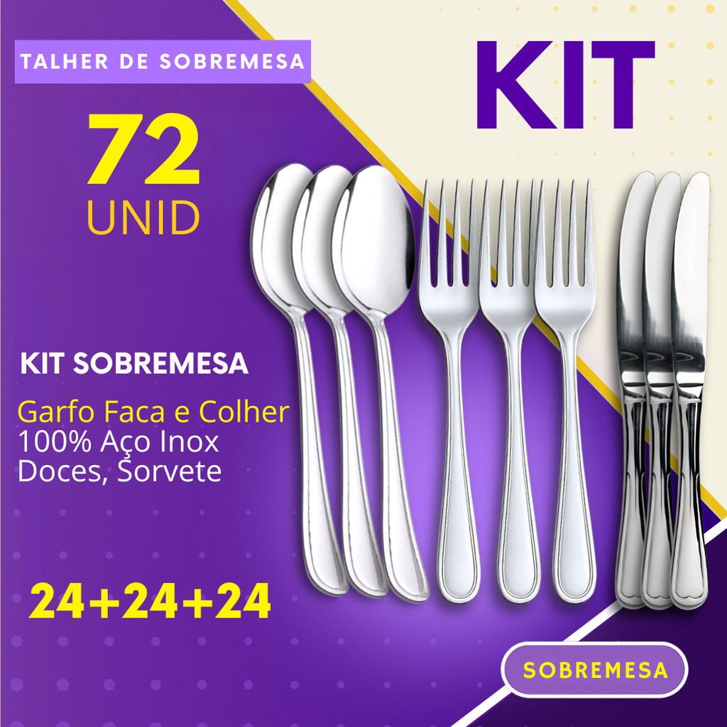 Kit Sobremesa 18, 45, ou 72 Pçs Garfo + Faca + Colher Inox Sorvete Bolo Açaí Doces Restaurante em Oferta na Shopee