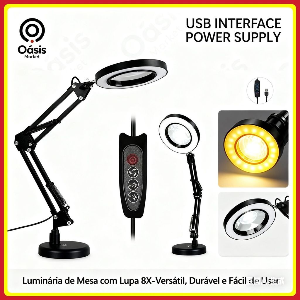 Lupa de Mesa 8X com Luz LED Oasis Market - Luminária Ajustável USB para Escritório, Manicure e Hobby