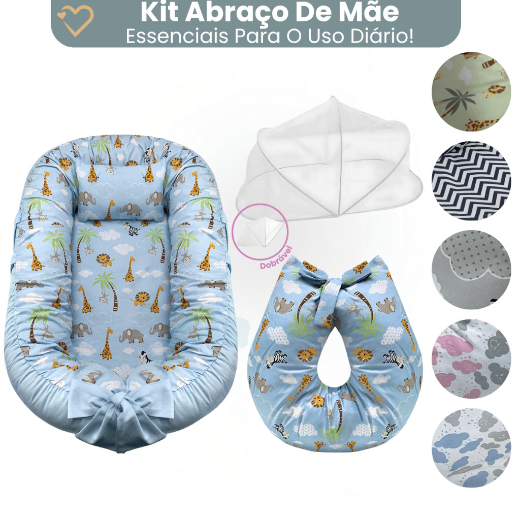 Ninho Redutor de Berço com Ziper Almofada Amamentação Mosquiteiro Protetor Safari Menino Menina