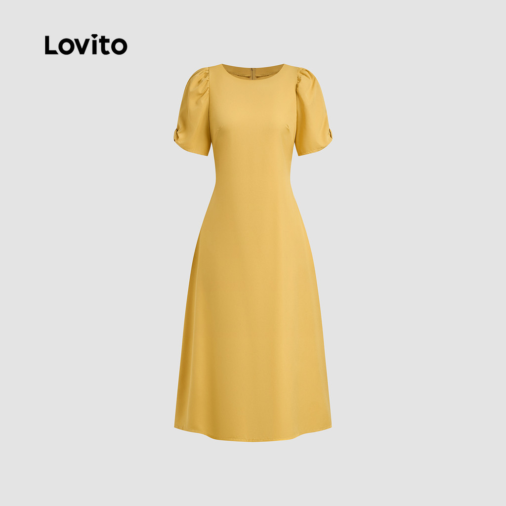 Detalhes do Lovito Vestido Casual com Laço para Primavera/verão  Amarelo  para mulheres L142ED665