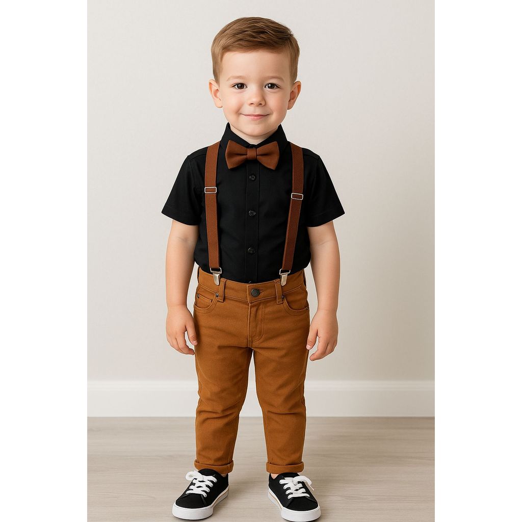 Conjunto Roupa Social Calça Caramelo Camisa Suspensório Gravata Preto Pajem Formatura Casamento Batizado Festa Infantil