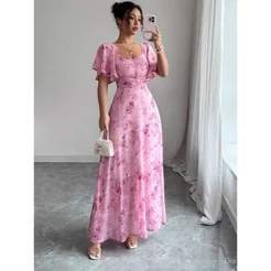 Vestido Longo Feminino Elegante Verão com Babados e Manga Estampada Slim Fit Chiffon