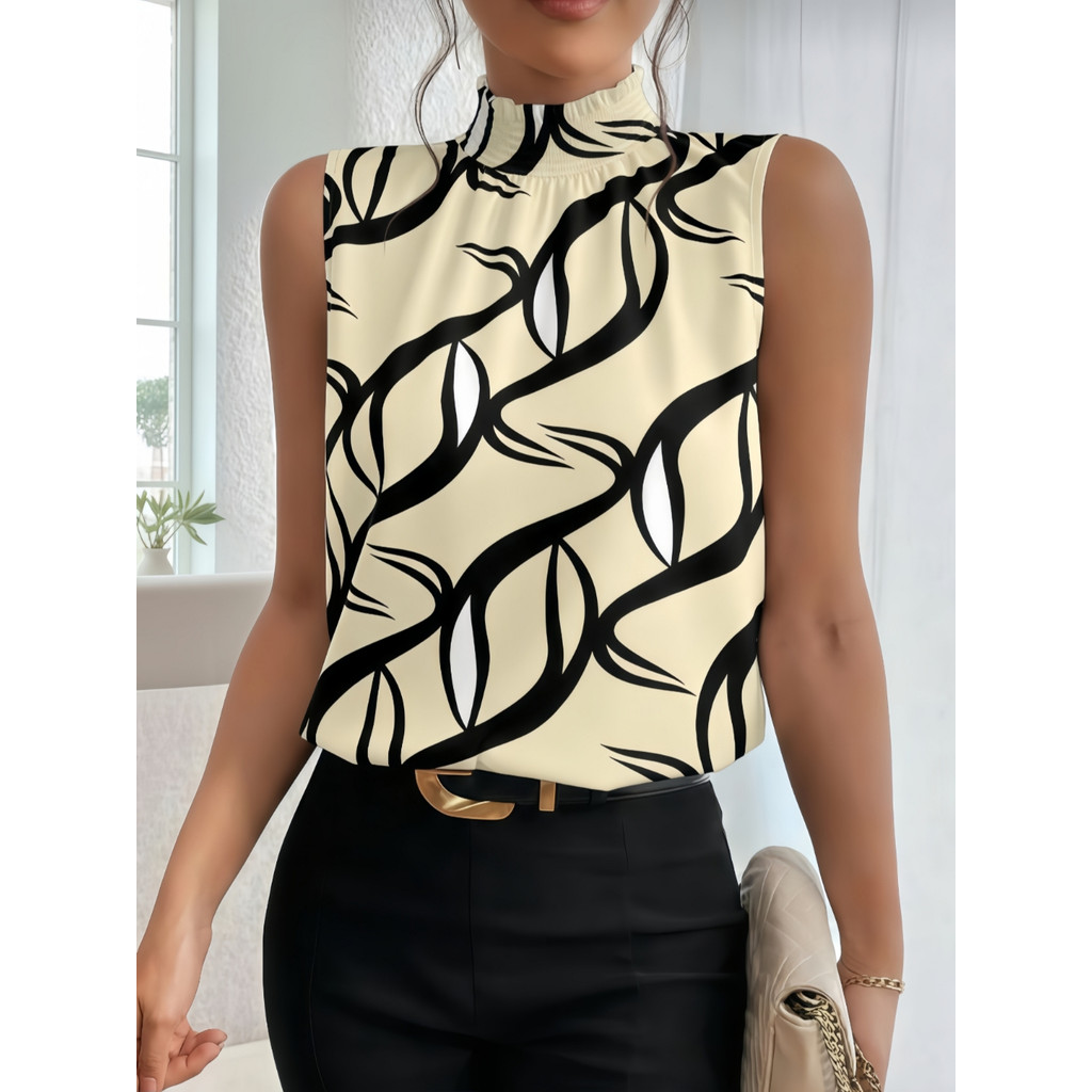 Camisa Feminina Sem Mangas Com Gola Alta E Estampa Tops Sem Mangas P M G GG