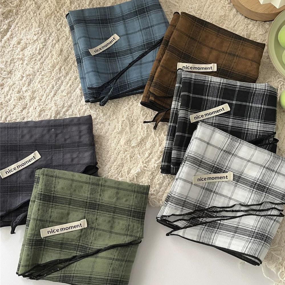 Lenço Triangular Xadrez Vintage , Design Japonês De Linho De Algodão Para Mulheres , Acessório De Cabelo Envoltório De P
