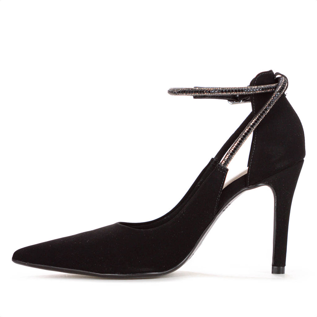 Scarpin Bebecê Nobuck Fivela Strass Salto Alto Fino Preto - Feminino