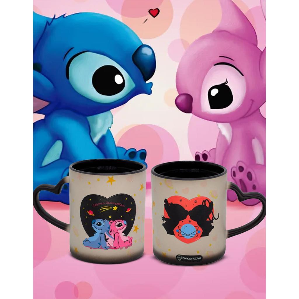 Caneca Magic 350ml Stitch Angel Namorado Disney Oficial Zona Criativa Presente Romântico Muda De Cor