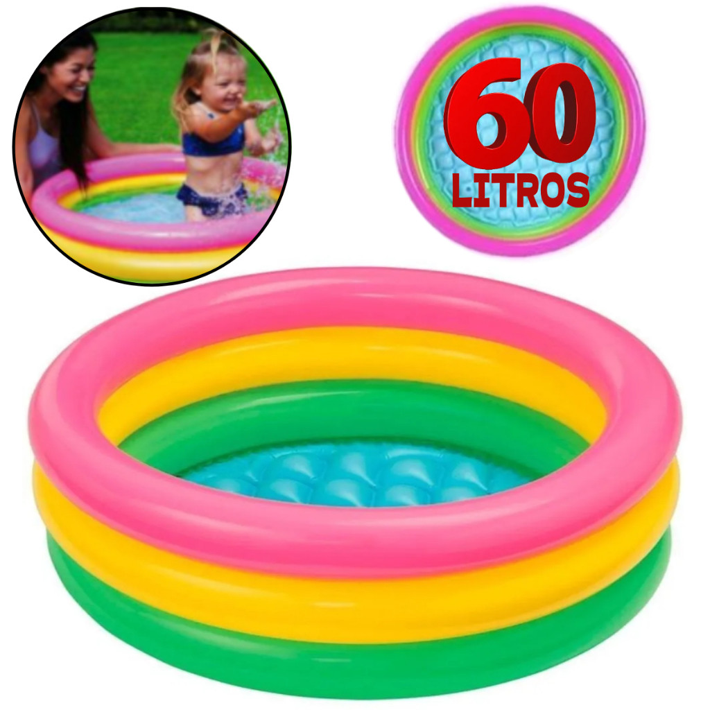 Piscina Inflável Infantil Redonda 60 Litros Para Bebês e Crianças Com 3 Anéis Colorida Fundo Acolchoado Mais Segurança