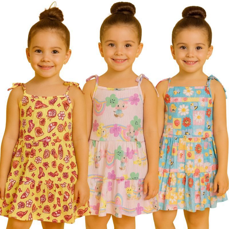 Vestido Infantil Canelado Fresquinho de Alça Menina Verão Feminino Estampado