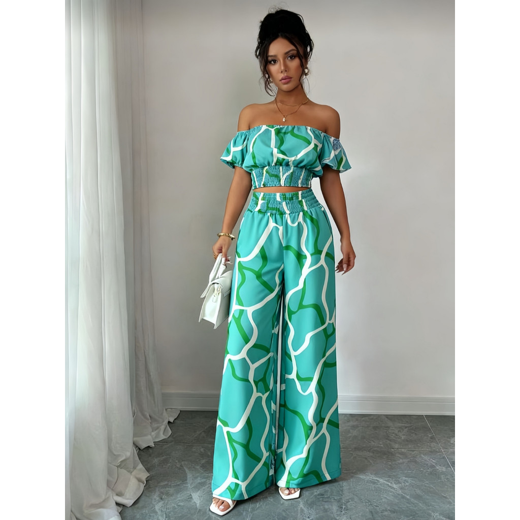 Terno De Verão De 2 Peças Conjunto De Top Ombro A Ombro E Corte Solto P M G em Oferta na Shopee