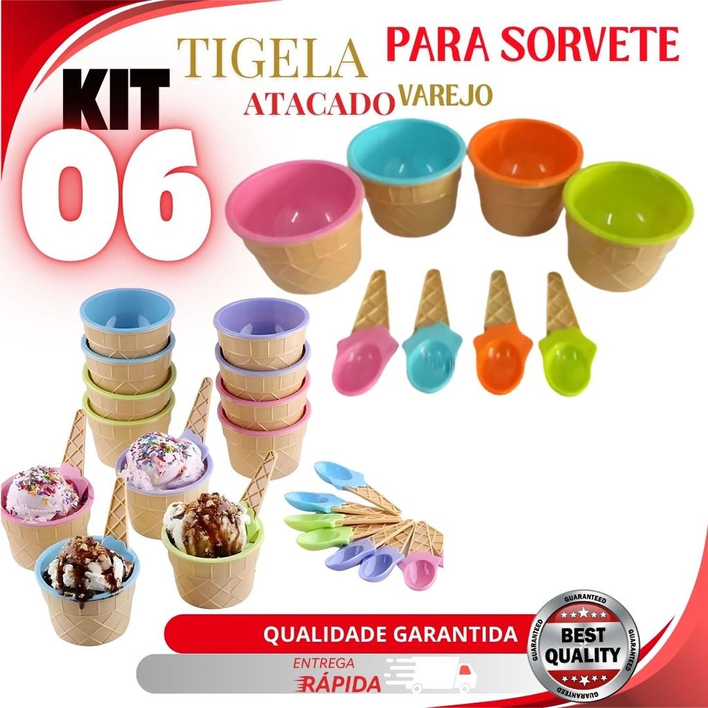 KIT Jogo 6/3/1 un Tigela Pote de Plástico + Colher Tigela 200 ML Para Sobremesa Sorvete Açai
