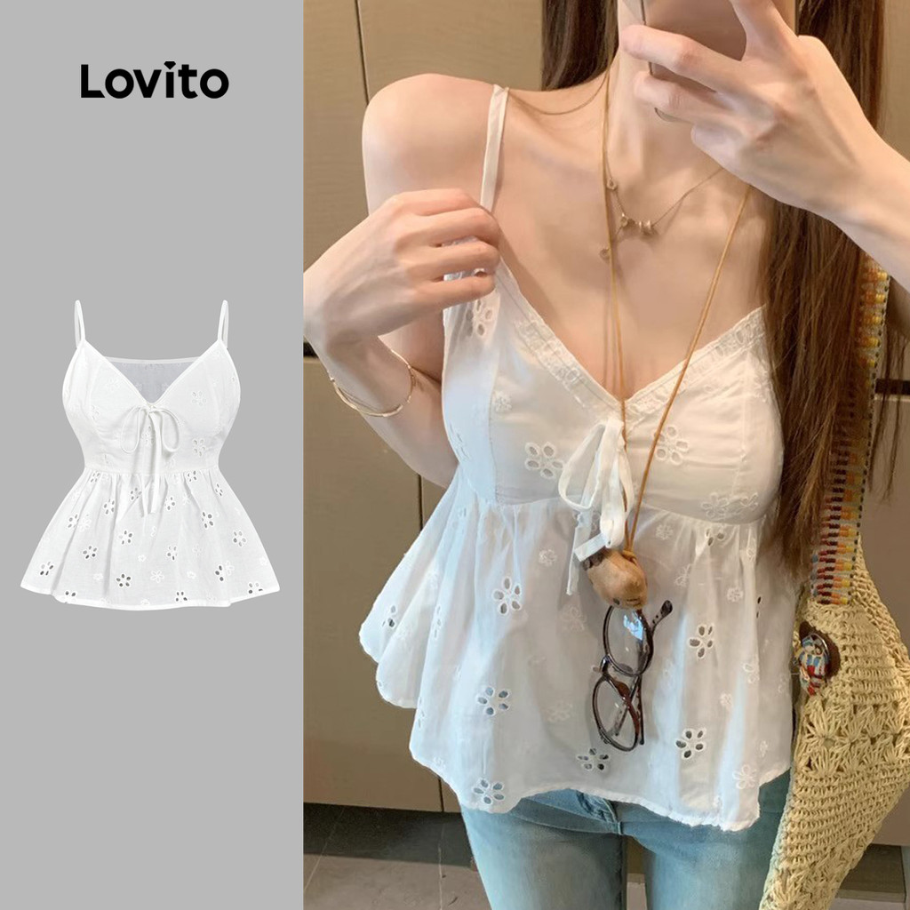 Lovito Blusa Casual com Estrutura  Lacinho  Broderie com Ilhós  Primavera/verão  Branca  para Mulheres L143ED079 em Oferta na Shopee
