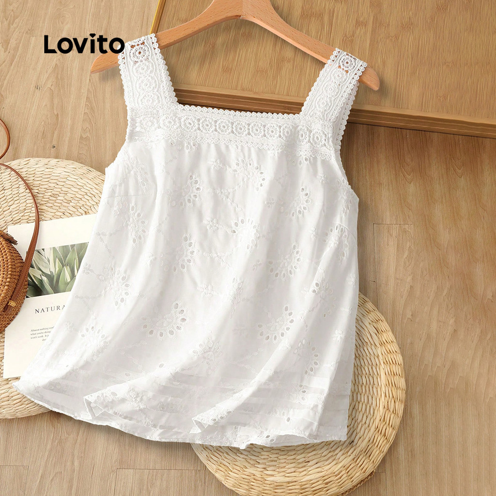 Detalhes do Lovito Blusa Casual com Bordado de Ilhós com Gola de Babado Primavera/verão off-white L150ED174