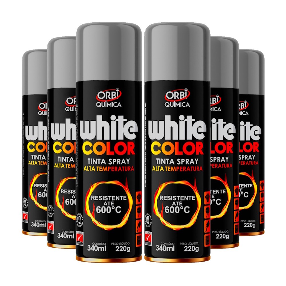 Kit 6 Tintas Spray Alta Temperatura 600°C Prata Roda Escape Motor Forno Fogão Churrasqueira