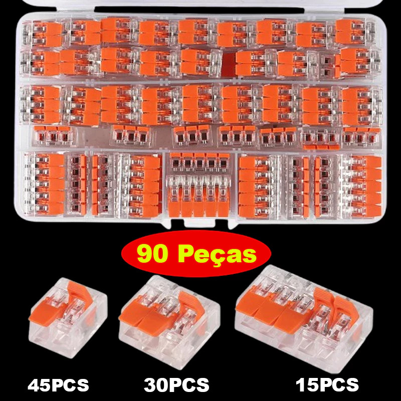 Kit 90 Peças Conector Elétrico Emenda 2, 3 e 5 vias Conectores De Porcas De Fio De Alavanca