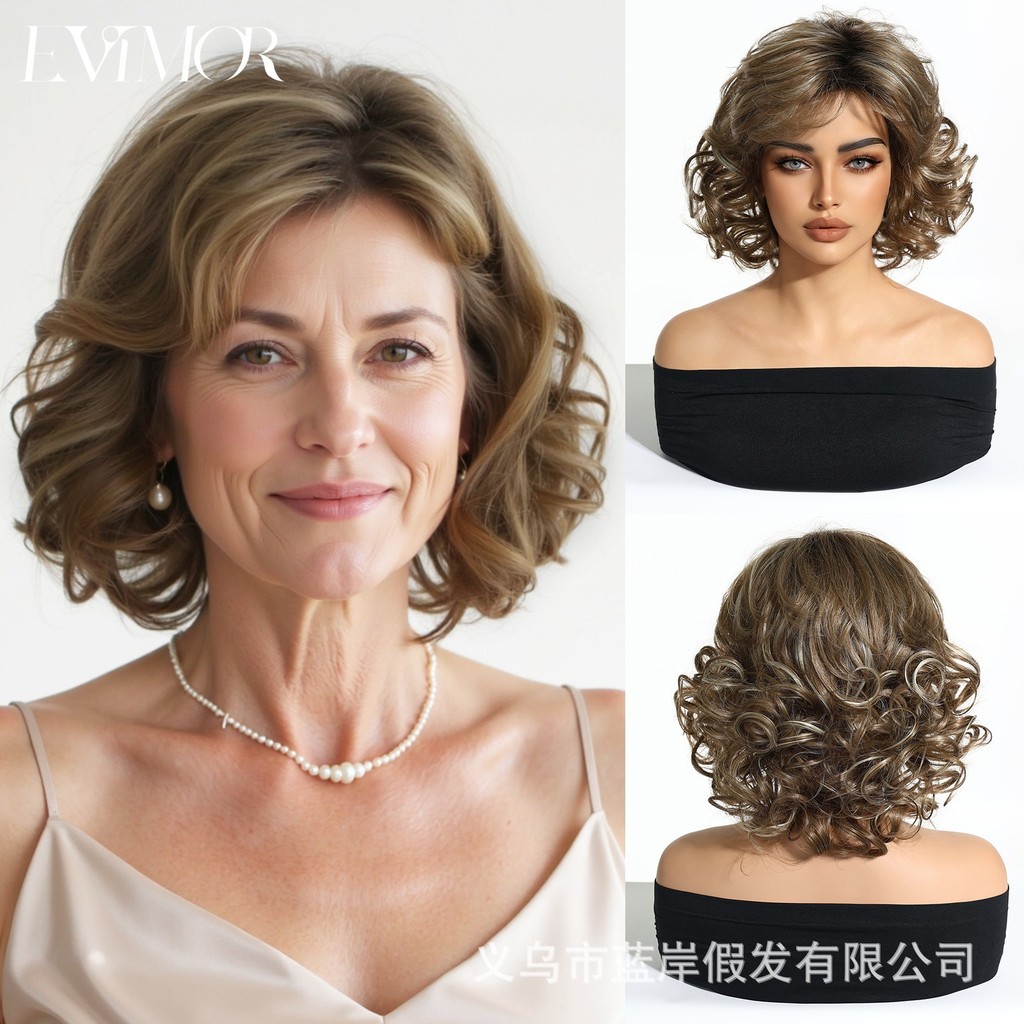 Senhoras de meia-idade mãe idosa prata cinza curto cabelo encaracolado fofo realista bobo cabeça peruca arnês completo