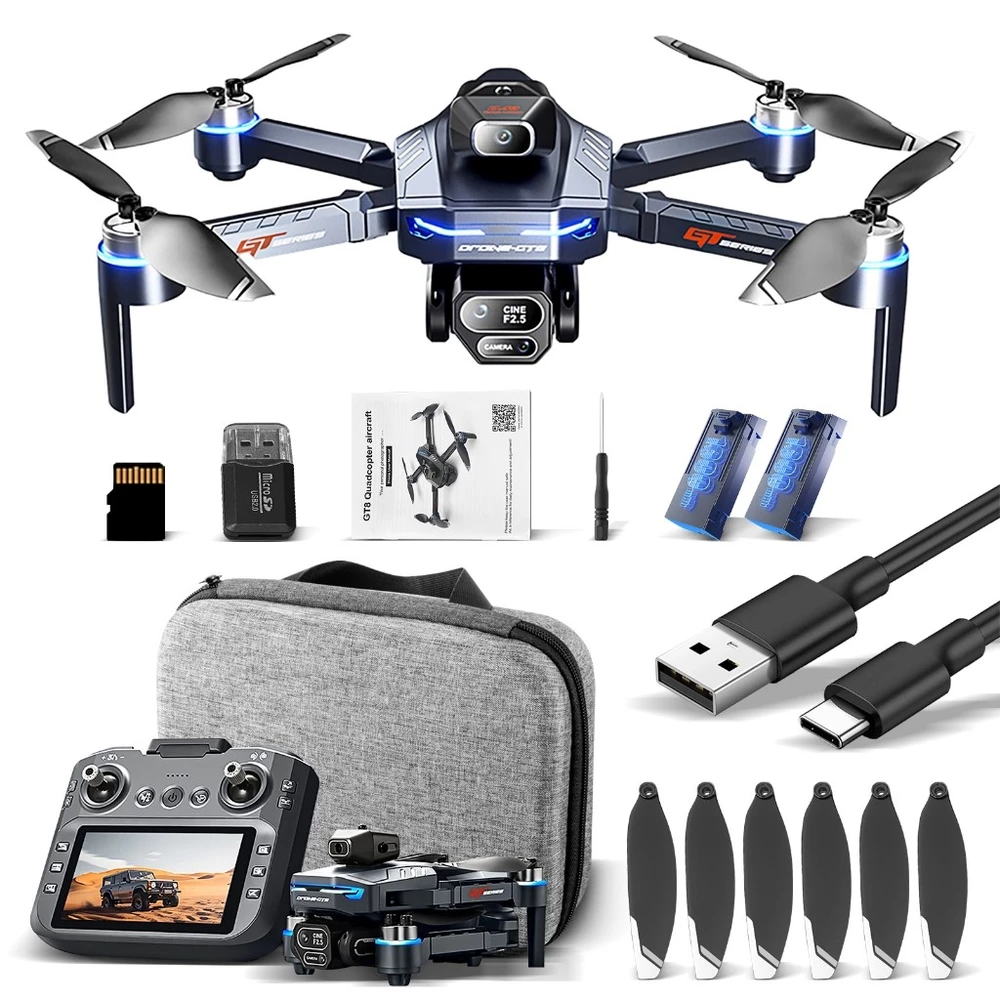 Drone profissional GT8 com resolução 4K, tela de 4,3 polegadas e duas câmeras 2.4G + 2 baterias