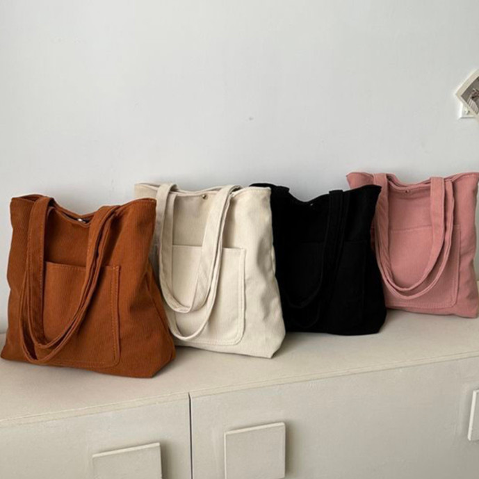 Bolsa Tote Unissex de Veludo Cotelê – Bolsa Grande de Ombro e Mão, Estilo Simples para Uso Diário e Trabalho em Oferta na Shopee