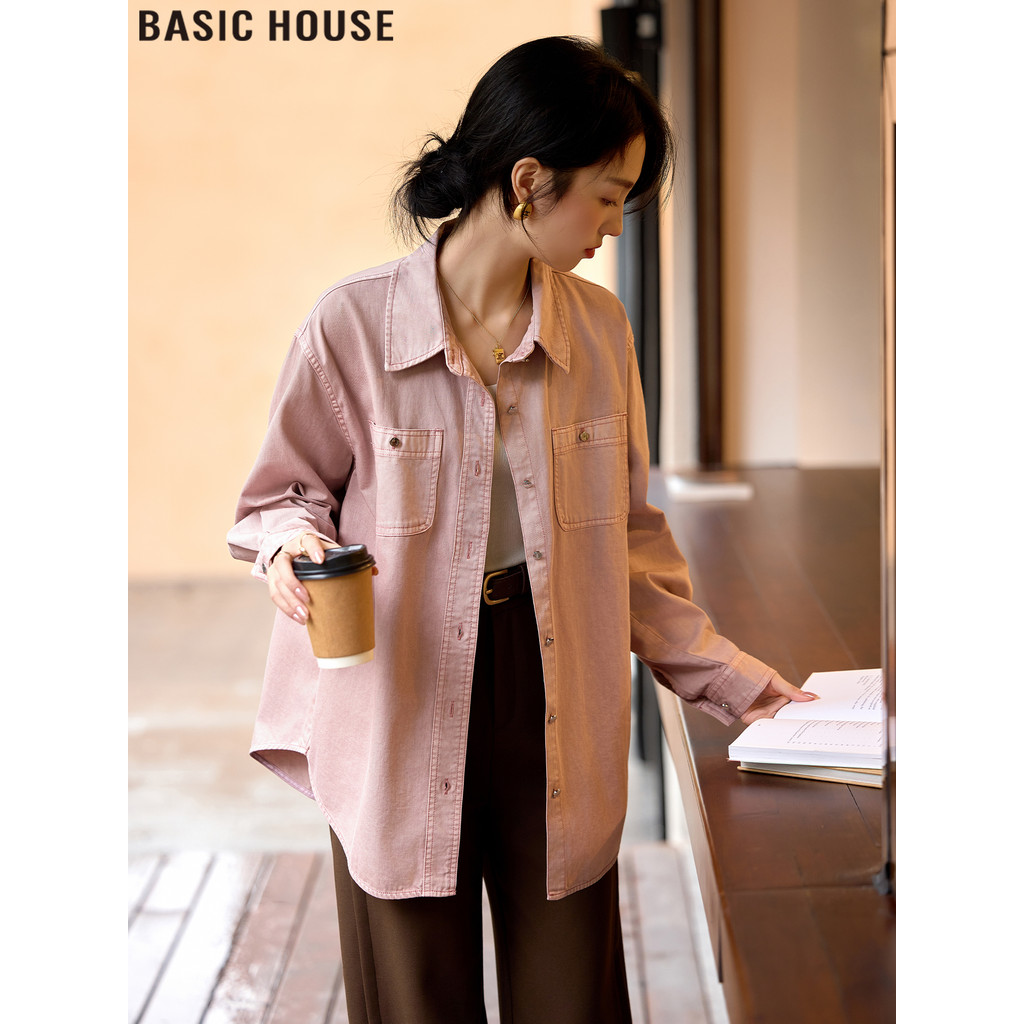 Casa básica/casa básica rosa Retro contorno carga bolso camisa jeans feminina 2026 verão novo estilo