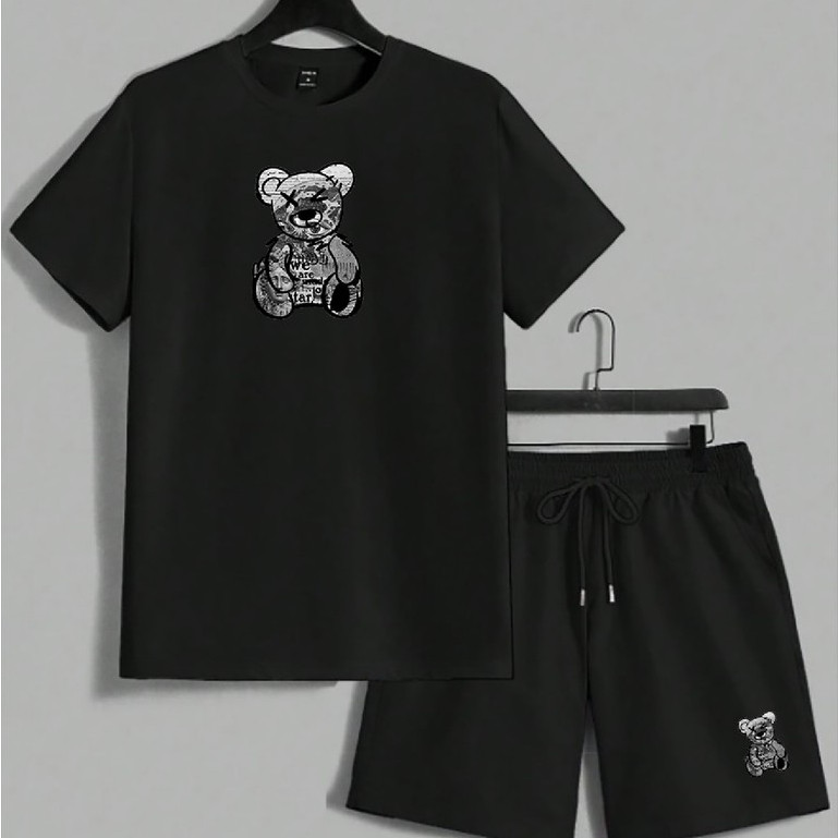 Conjunto Masculino de Camisa e Bermuda Urso Camiseta Confortável Blusa Simples Combo Casual
