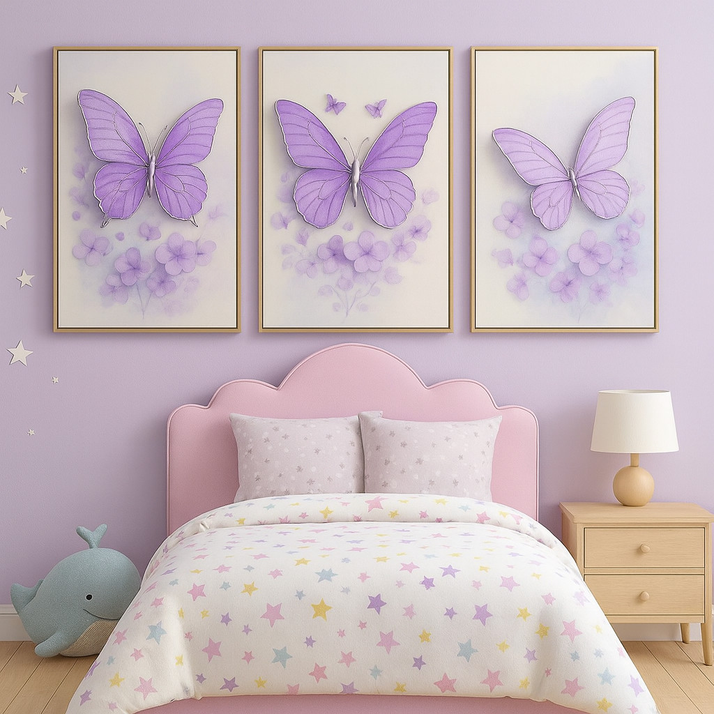 Trio Quadros Borboletas Floral Quarto Infantil Menina Bebê | Kit Decorativo Painel Parede Lavanderia Decoração Sala Casa