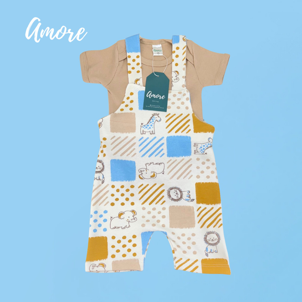 Conjunto Jardineira Curta para Bebê Amore Safari Clássico e Body Marrom 100% Algodão