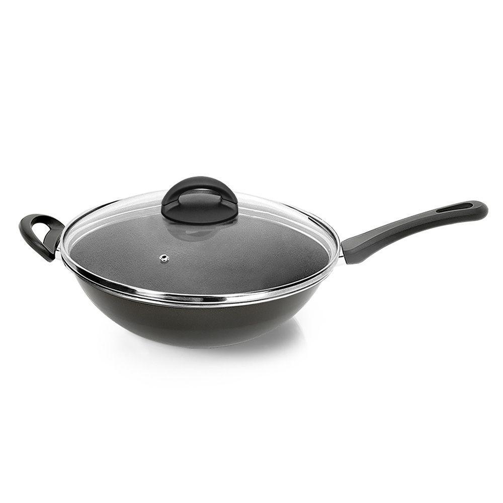 Panela Wok Antiaderente 30 Cm 5 Litros com Tampa de Vidro Preta Criativa Nigro 14030