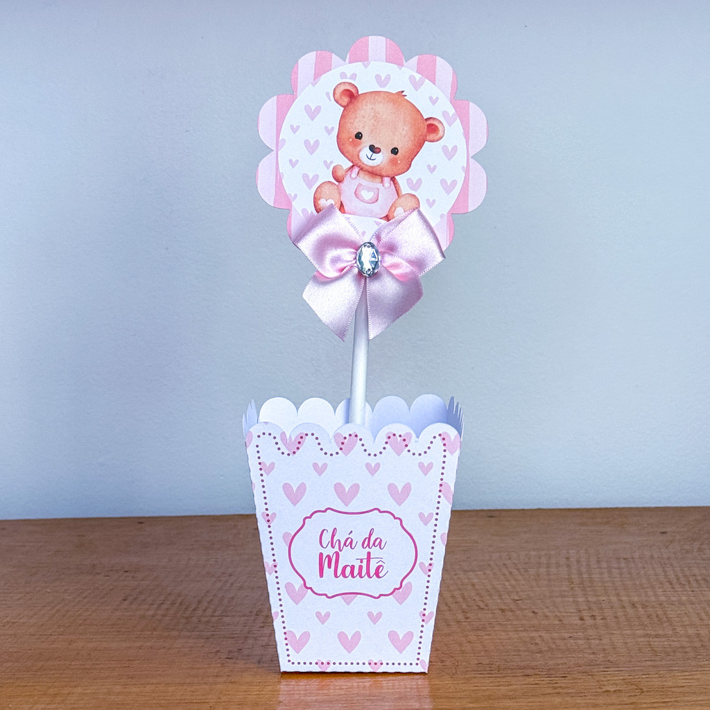 Centro de Mesa Cachepô Chá de Bebê Ursinha Balão rosa  - DIY Pegue e Monte | Lembrancinhas Personalizadas