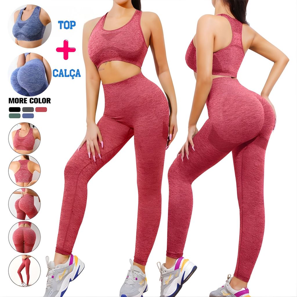 Conjunto Fitness Feminino Básico – Legging Levanta Bumbum + Top, Tecido Não Transparente, Ideal para Academia