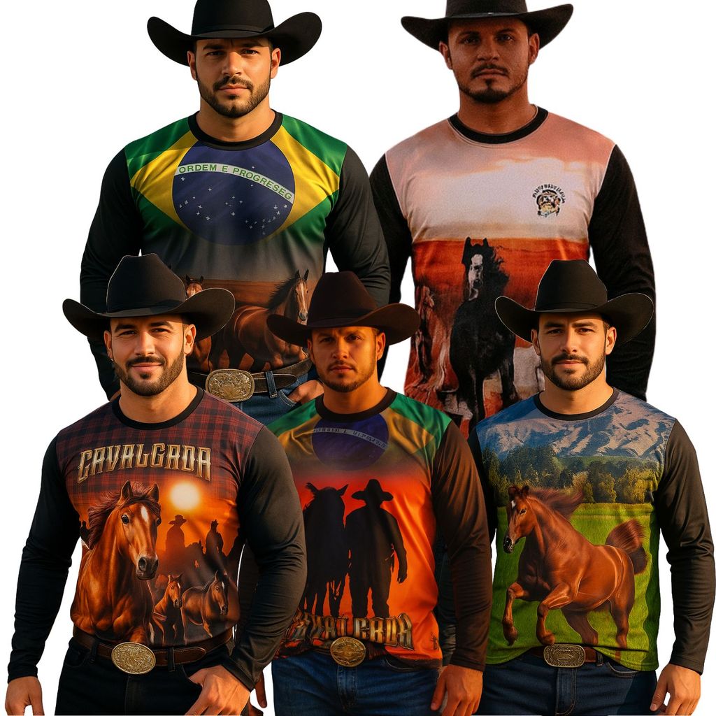 Camiseta Cavalo Country Manga Longa Masculina Proteção Solar UV50+ Estampa Realista 3D