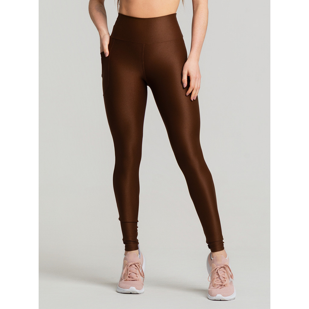 Legging Poliamida Cintura Alta Canelada Com Bolso Marrom Massam Fitness