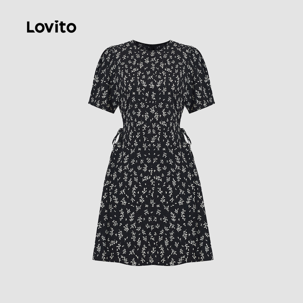 Detalhes do Lovito Vestido Fofo Ditsy Floral Recortado Com Cordão E Gravata Frontal Para Mulheres L102AD303