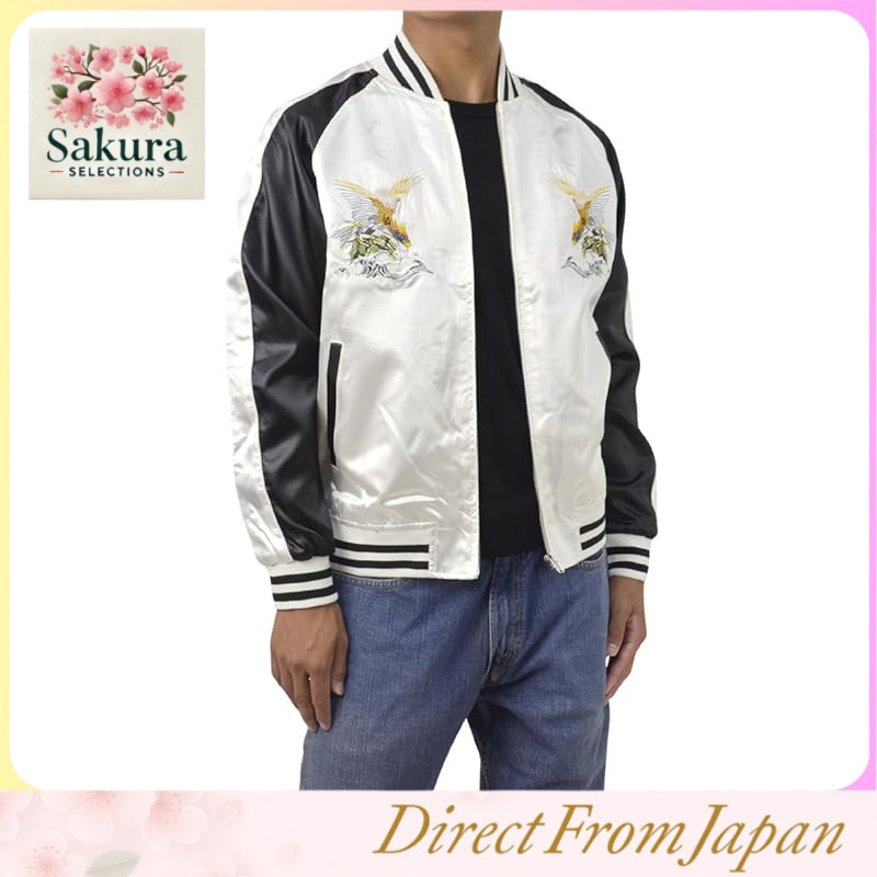 FLAG ON CREW Men's Satin Sukajan Souvenir Jacket - Relaxed Fit with Traditional Japanese Eagle, Carp, on, Wave, Phoenix, Silver on, Wind God, Thunder God, and Tiger Embroidery