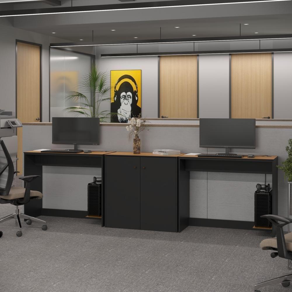 Conjunto De Escritório 3 Peças Tech Office 2 Mesas E 1 Apara - Preto E Cedro Preto E Cedro