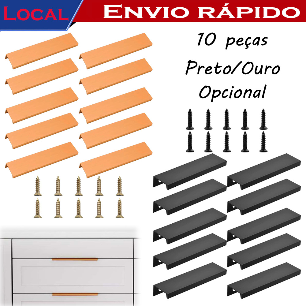 puxadores de armário de cozinha ocultos aba oculta de alumínio,para porta de armário, pacote com 10,preto/Ouro Opcional