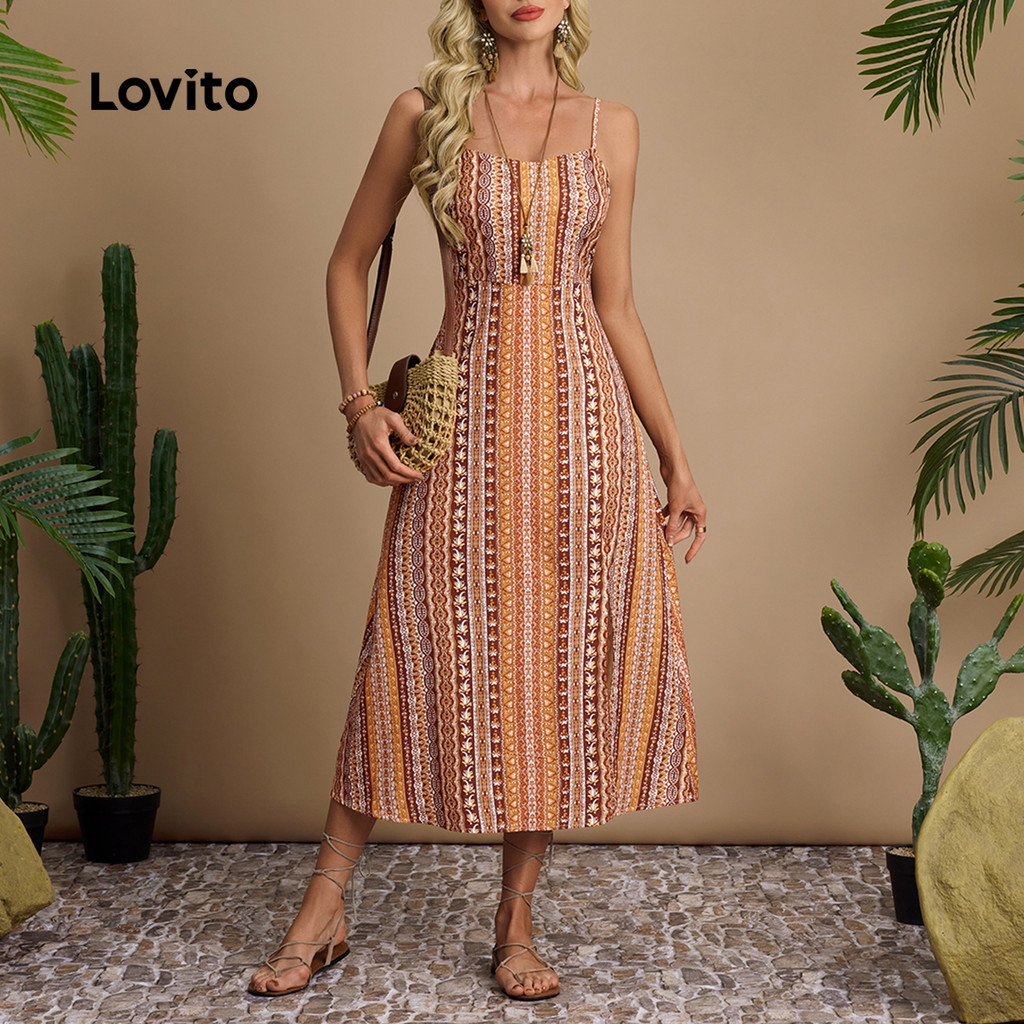 Detalhes do Lovito Vestido Boho Frente Aberta Verão Feminino LBL30284