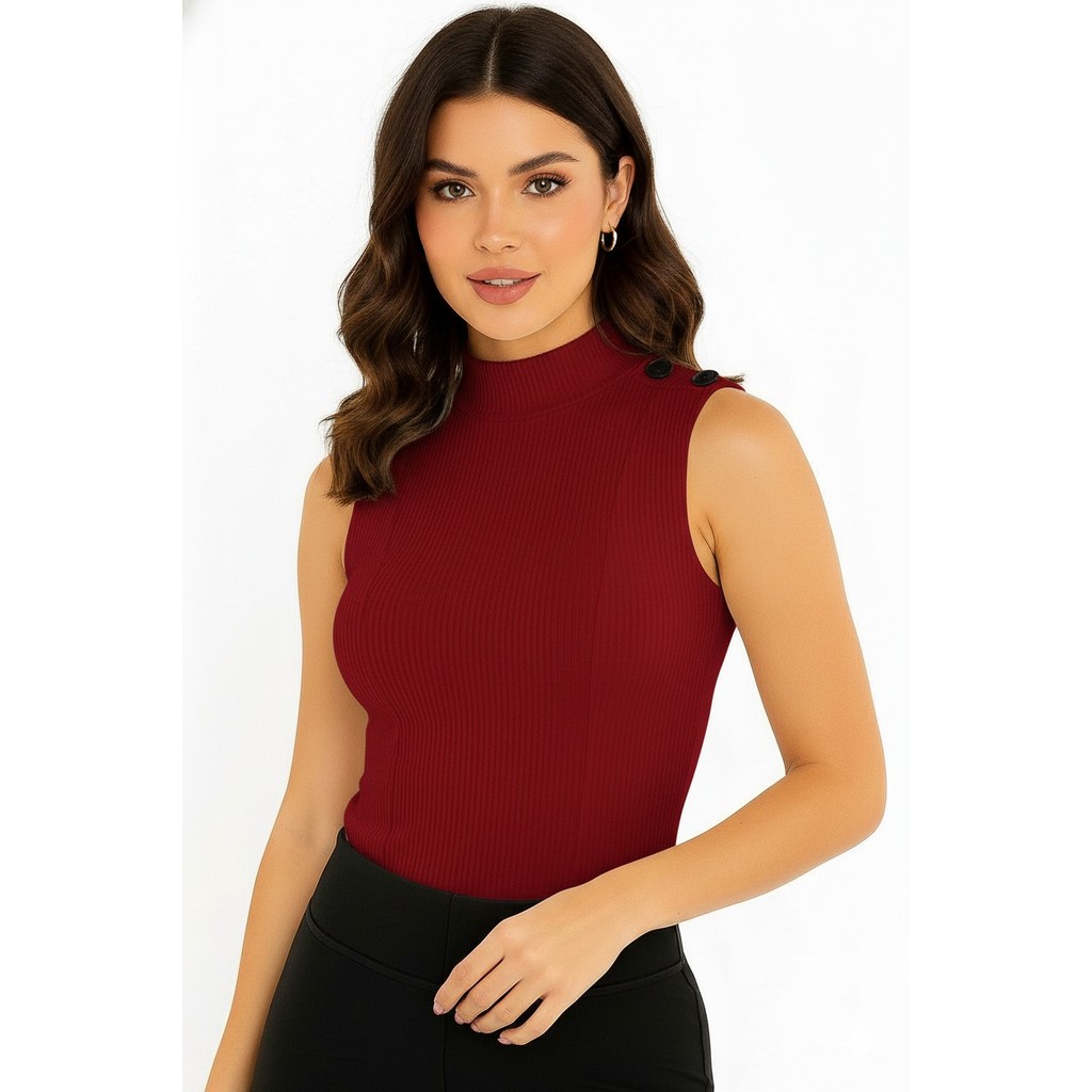 blusa feminina canelada detalhe botão elastano manga cavada top lançamento