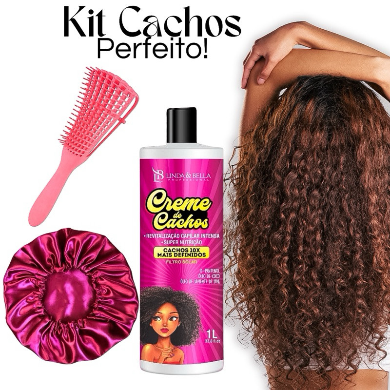 Kit Cachos Definidos Creme Ativador De Cachos + Escova Polvo + Touca De Cetim Anti Frizz
