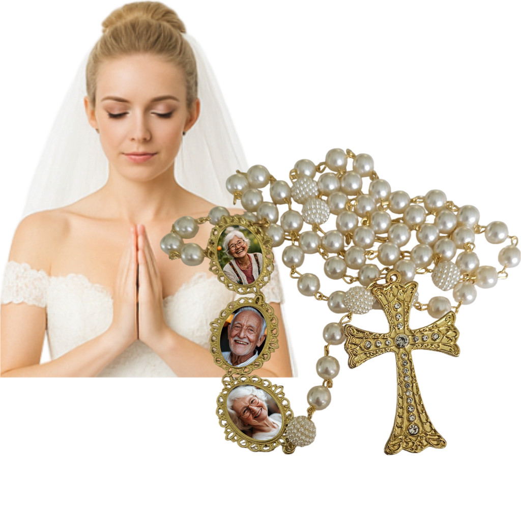 Terço Noiva Luxo 3 Relicários Personalizados Com Foto Para Casamento