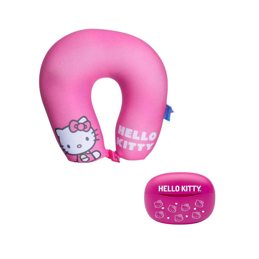 Kit Viagem Hello Kitty: Almofada Pescoço Micro Pérolas + Fone Sem Fio Earbuds com Adesivos em Oferta na Shopee