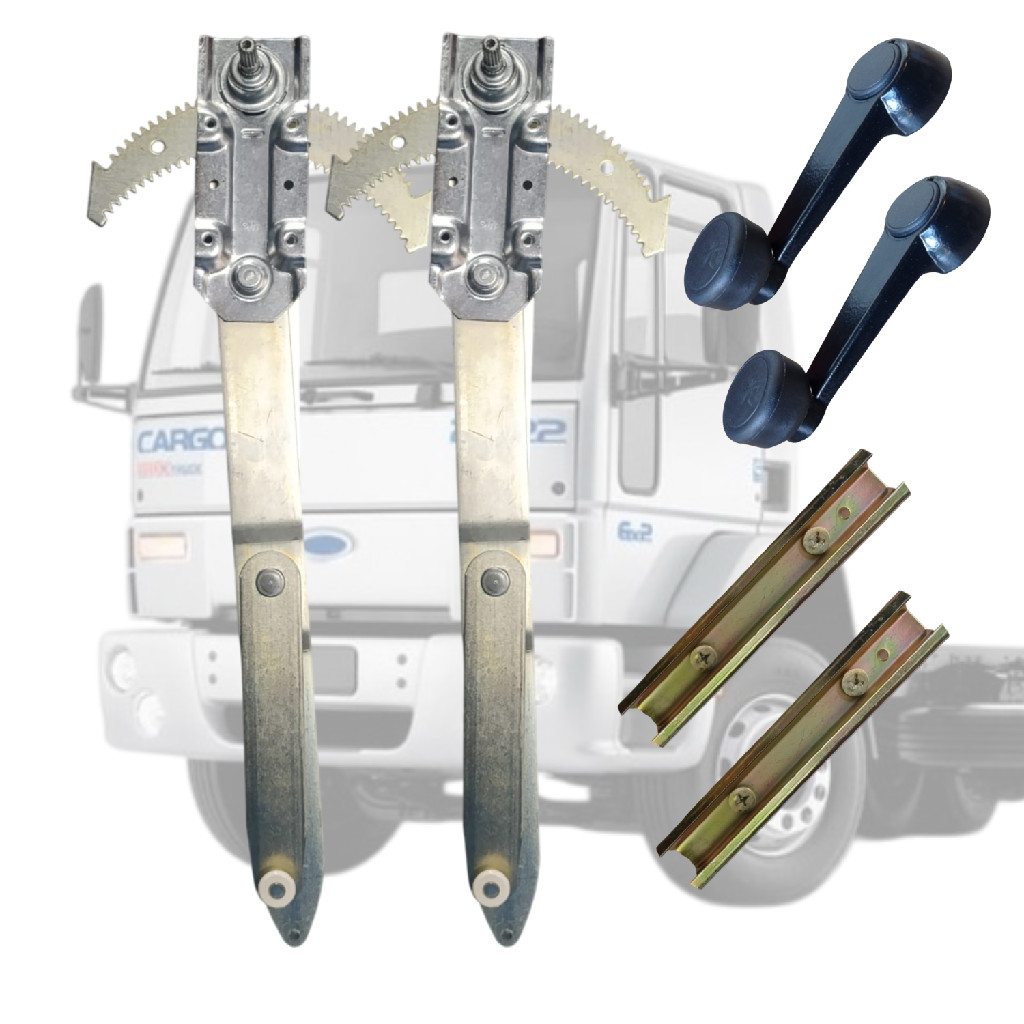 Kit 2 Máquina Do Vidro 2 Manivela Reguladora 2 Guia Ford Cargo G1 E G3