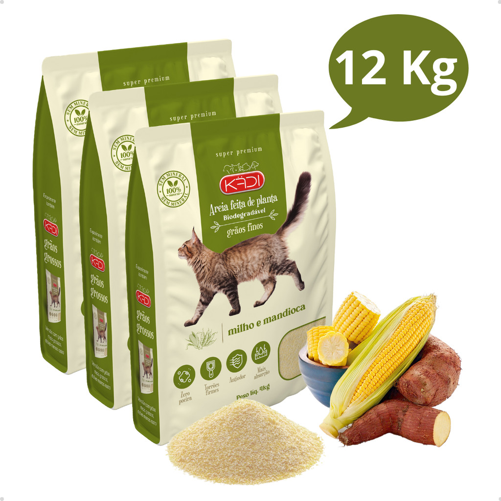 Kit 3 Areia Higiênica Natural Biodegradável de Grãos Finos de Milho e Mandioca para Gatos Kadi 12 kg