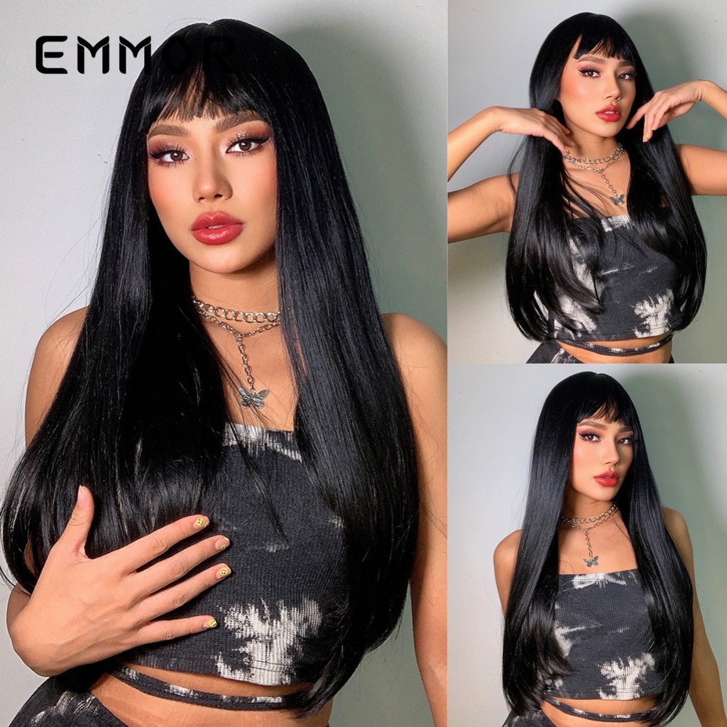 Qi franja preto longo cabelo reto fibra química cabelo fosco peruca de seda de alta temperatura feminino arnês completo