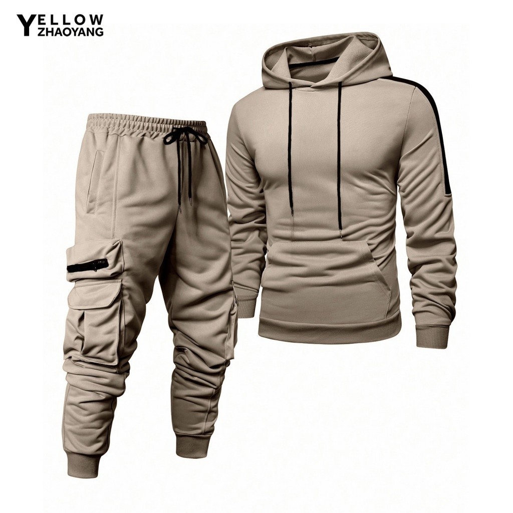 Tops Pants Set with Multiple Pockets Casual Jogging Suit Men's Hooded Tracksuit Multi and Ribbed Cuffs for Active Lifest