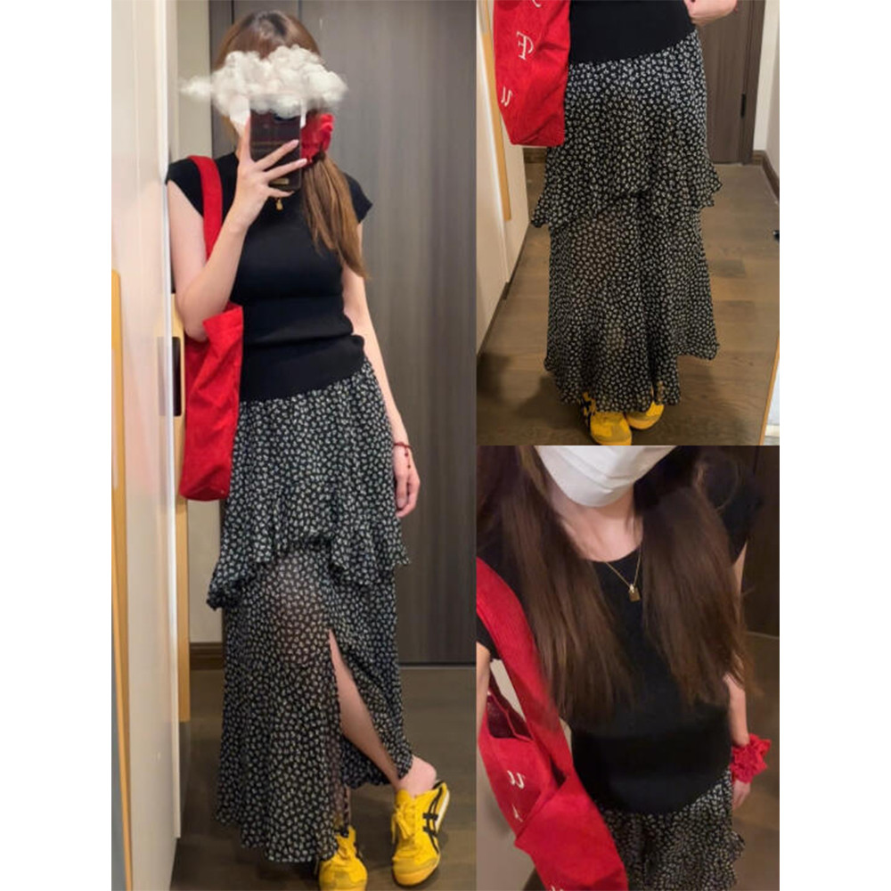 Saia Floral preta feminina verão 2025 novo estilo babados Irregular bolo saia fenda lateral a linha guarda-chuva saia