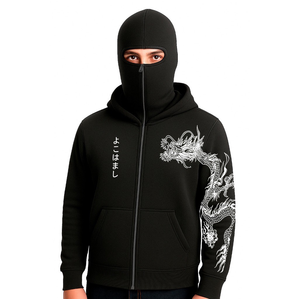 Moletom Balaclava Com Capuz Estampa De Dragão Japonês Streetwear Casaco