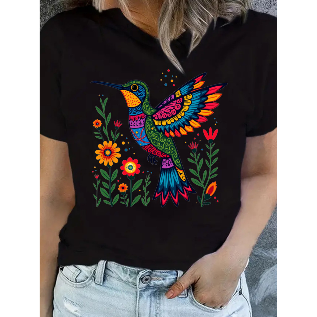 Camiseta Feminina Beija Flor Colorido Estampa Floral Primavera Verao Outono Confortavel Linda Estilosa Casual