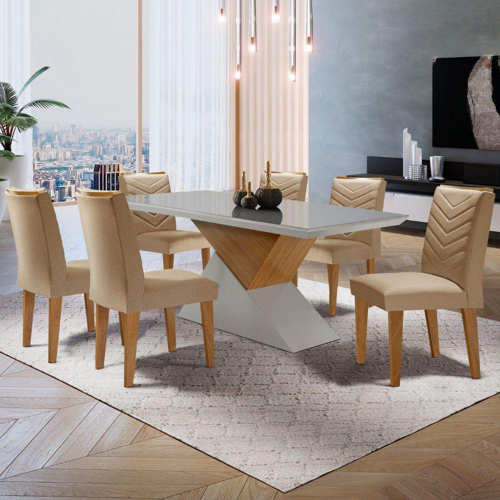 Mesa Aster 180 Tampo Em Mdf E Vidro + 6 Cadeiras Liz Moderna Turim 07/off White/imbuia