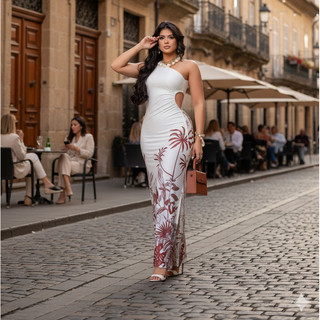 Vestido Longo Feminino Estampado com Amarração nas Costas Look Moderno Show